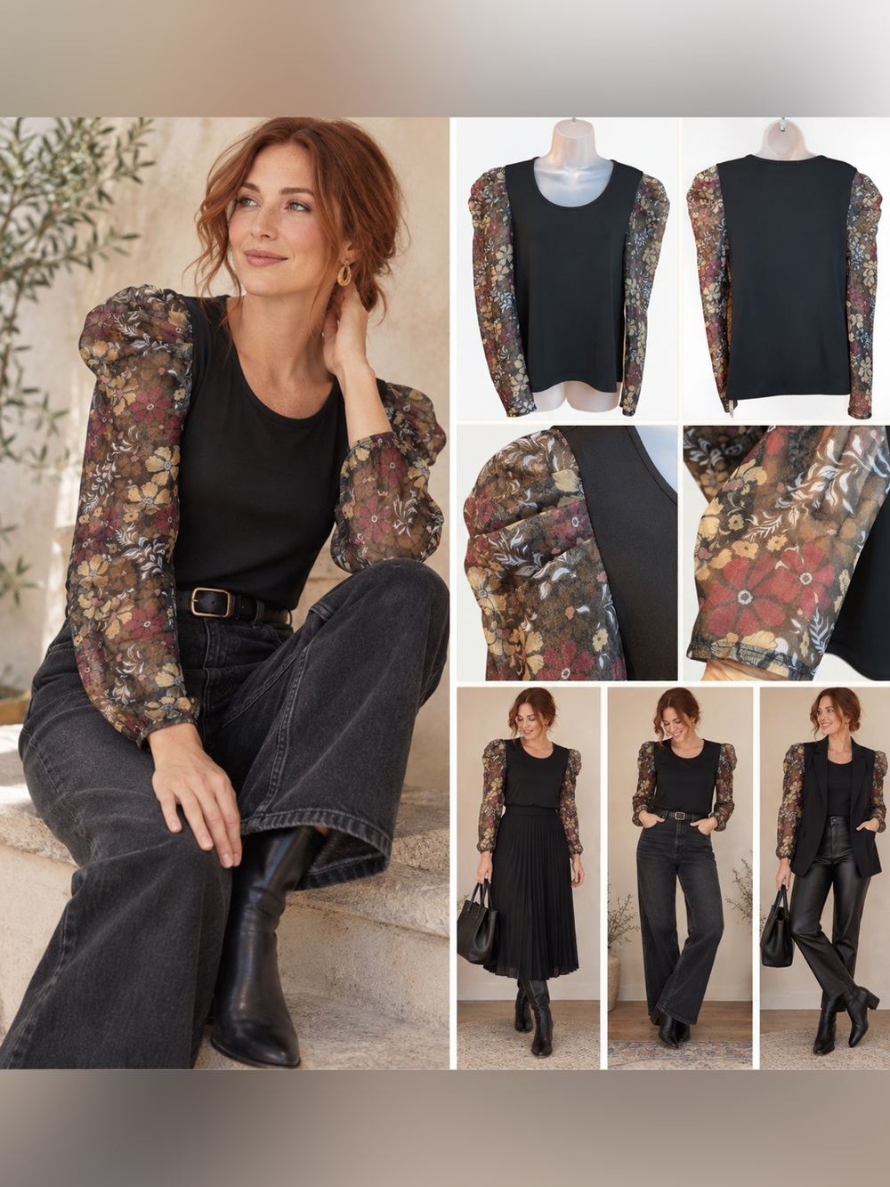 Design History Black Floral Sheer Puff Sleeve Top Blouse Size L